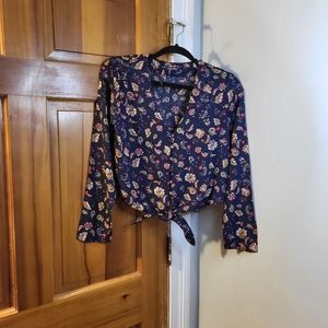 One Heart Juniors Cropped Tie Front Button Up Top